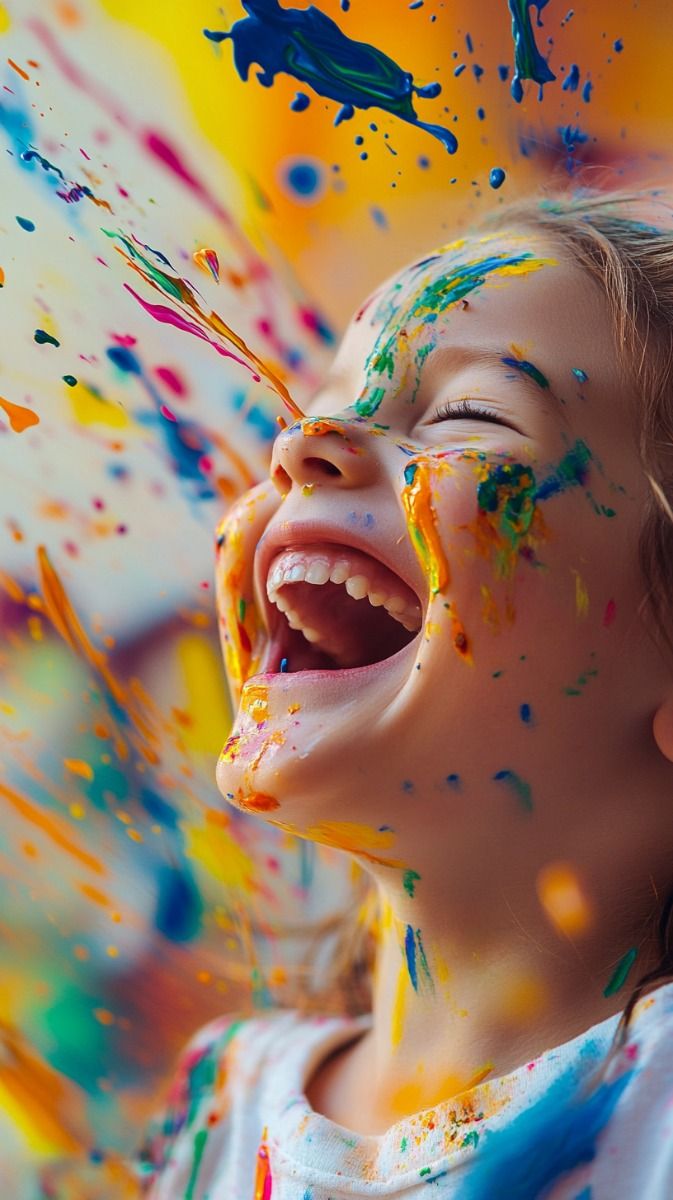 Imagem de uma menina sorrindo entre tintas coloridas, simbolizando espontaneidade e alegria