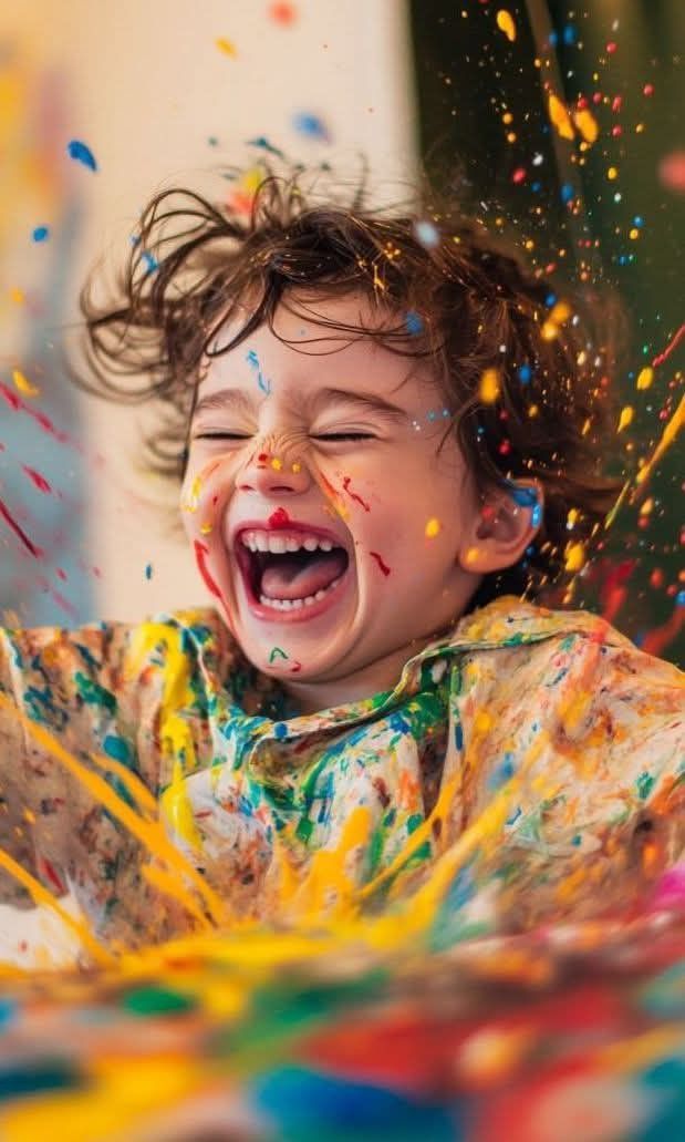 Imagem de um menino brincando e sorrindo com tintas coloridas, simbolizando leveza e expressão
