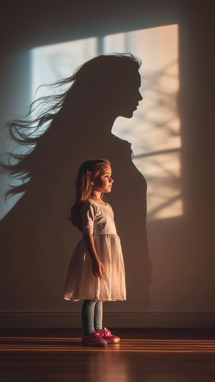 Imagem simbólica de uma menina cuja sombra revela uma mulher adulta, representando a continuidade entre infância e vida adulta