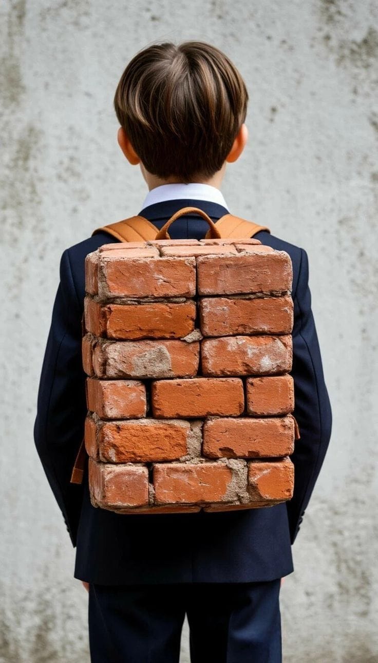 Imagem simbólica de um menino com uma mochila feita de tijolos, representando pesos emocionais da infância